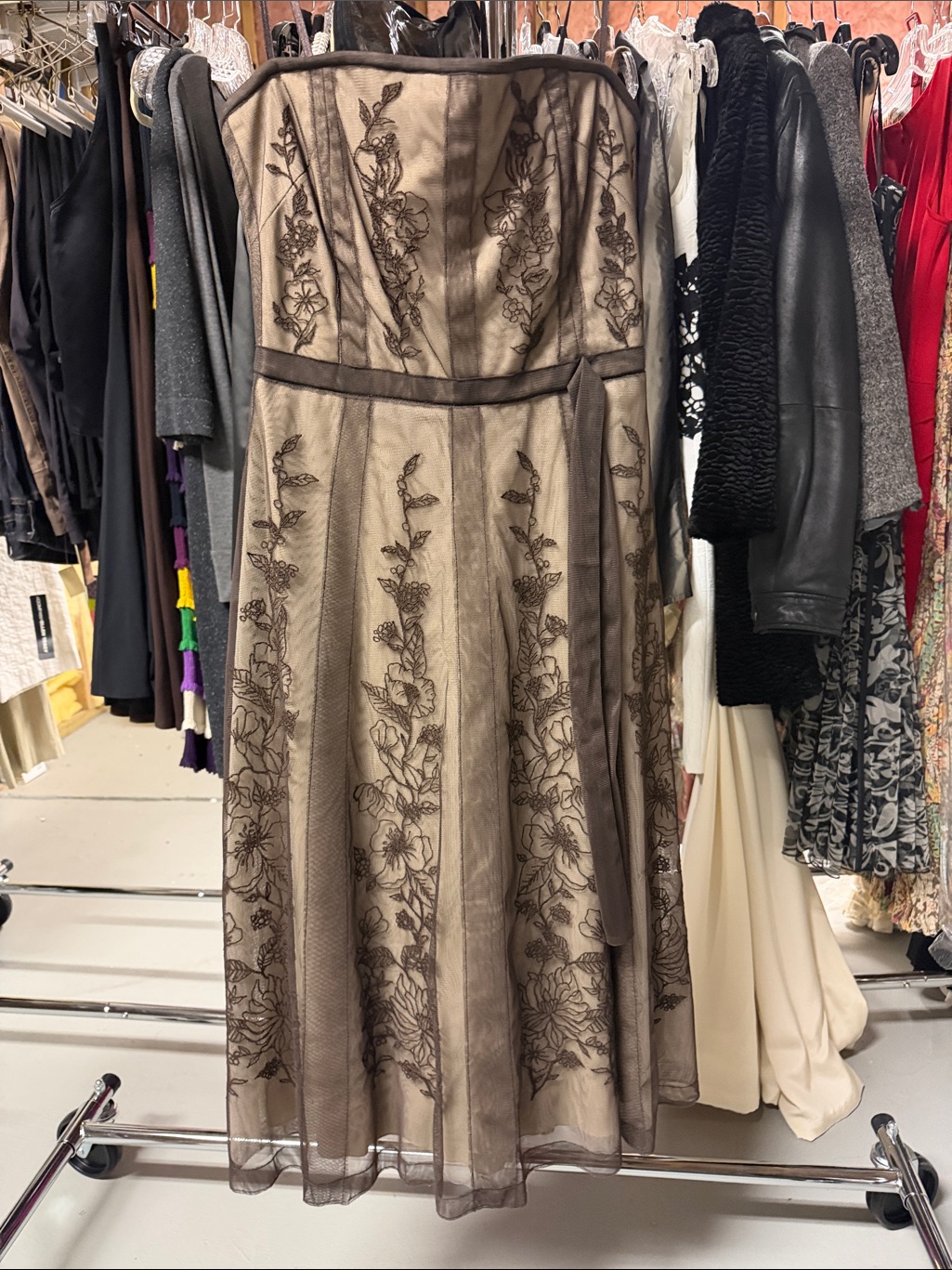 Bcbg Max Azria Embroidered Mesh Strapless Holiday Corset Gown In Cream And Black